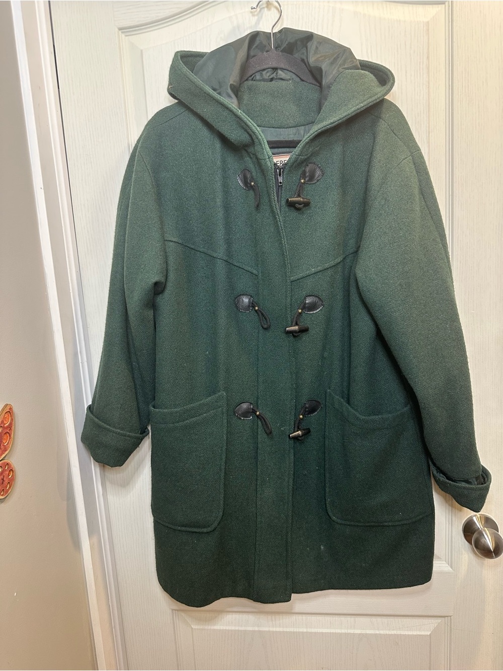 Vintage Wool blend Hooded Duffle/Toggle Coat in Forest Green 23.5”Ptp